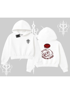 Not Lazy Saving My Spirit Kedi Baskılı Kapşonlu Crop Sweatshirt