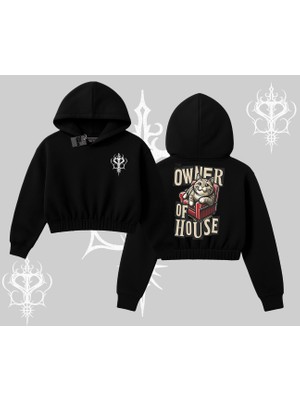 The Owner Of House Kedi Arka Baskılı Kapşonlu Crop Sweatshirt