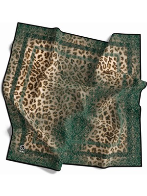 Violla Twill Leopar Desenli Petrol Yeşili Renkli 90X90 Eşarp (Ipek Içermez) Kenar Dikiş Şekli El Dikişli