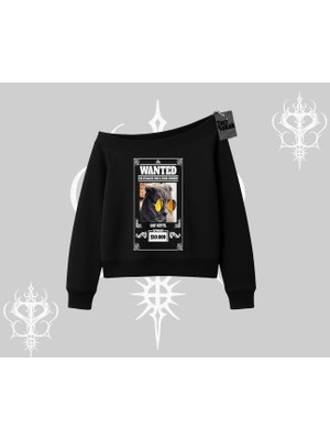 Wanted Temalı Kedi Baskılı Kayık Yaka Sweatshirt
