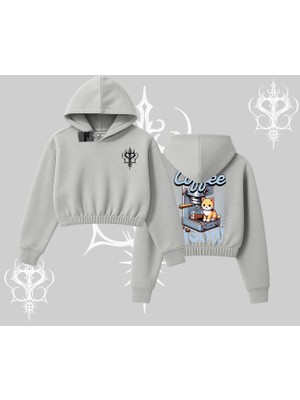 Coffee Meow Kahve Temalı Kedi Arka Baskılı Kapşonlu Crop Sweatshirt