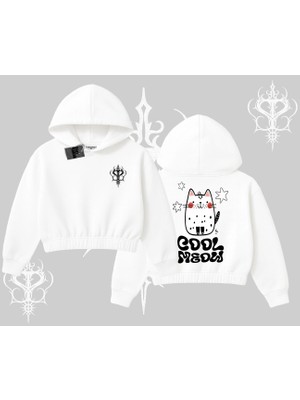Cool Meow Yazılı Sevimli Kedi Arka Baskılı Kapşonlu Crop Sweatshirt