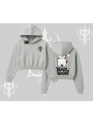 Cool Meow Yazılı Sevimli Kedi Arka Baskılı Kapşonlu Crop Sweatshirt