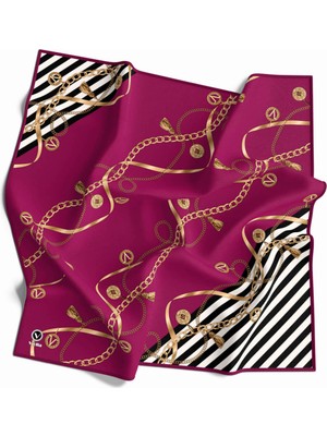 Violla Twill Zincirli ve Çizgili Desenli Mürdüm Renkli 90X90 Eşarp (Ipek Içermez) Kenar Dikiş Şekli El Diki