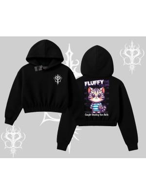Fluffy The Feline Yazılı Sevimli Kedi Arka Baskılı Kapşonlu Crop Sweatshirt