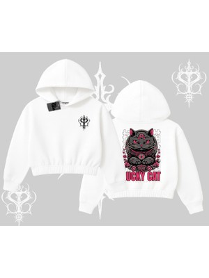 Lucky Cat Japon Tarzı Kedi Baskılı Kapşonlu Crop Sweatshirt