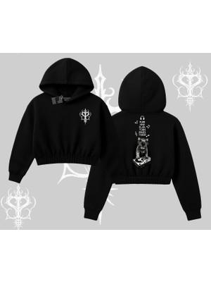 Dj Kedi Baskılı Müzik Temalı Kapşonlu Crop Sweatshirt