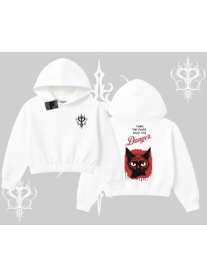Gotik Kedi Arka Baskılı Kapşonlu Crop Sweatshirt