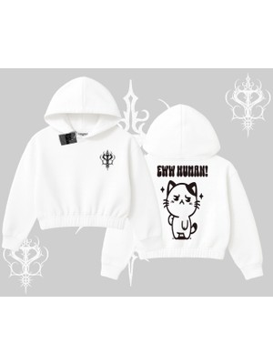Sevimli Kedi Çizimli Arka Baskılı Kapşonlu Crop Sweatshirt