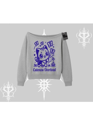 Cuteness Overload Kedi Baskılı Kayık Yaka Sweatshirt