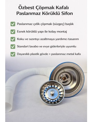 Özbest Çöpmak Kafalı/süzgeçli Paslanmaz Körüklü Sifon (Lavabo Gideri)