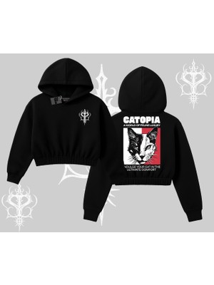 Modern Kedi Temalı Arka Baskılı Kapşonlu Crop Sweatshirt