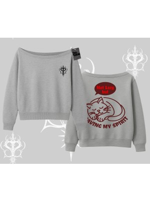 Not Lazy Saving My Spirit Kedi Baskılı Kayık Yaka Sweatshirt