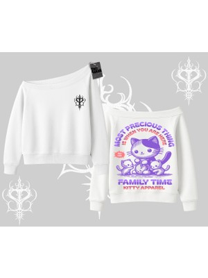 Family Time Yazılı Sevimli Anne Kedi Arka Baskılı Kayık Yaka Sweatshirt