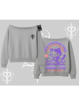 Family Time Yazılı Sevimli Anne Kedi Arka Baskılı Kayık Yaka Sweatshirt