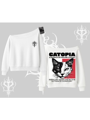 Modern Kedi Temalı Arka Baskılı Kayık Yaka Sweatshirt
