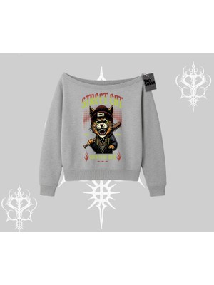 Street Cat Kedi Baskılı Kayık Yaka Sweatshirt