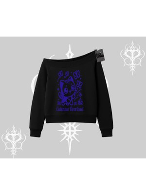 Cuteness Overload Kedi Baskılı Kayık Yaka Sweatshirt