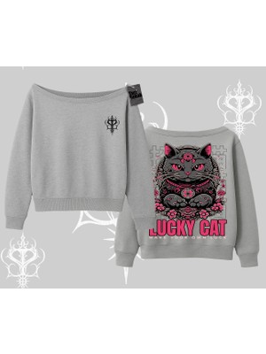 Lucky Cat Japon Tarzı Kedi Baskılı Kayık Yaka Sweatshirt