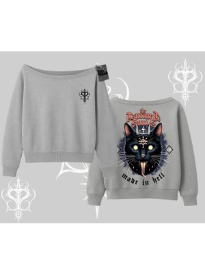 Gothic Cat Made In Hell Baskılı Sweatshirt Kayık Yaka Sweatshirt