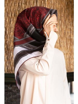 Violla Twill Bordür Taş Desenli Bordo Renkli 90X90 Eşarp (Ipek Içermez) Kenar Dikiş Şekli El Dikişli