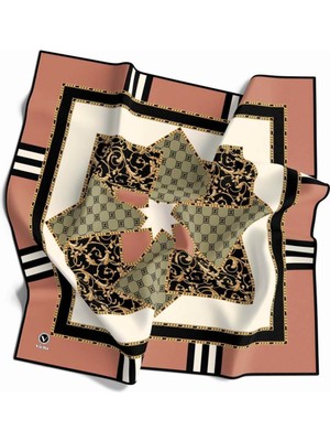 Violla Kristal Ekoseli Gold Desenli Bakır - Krem Renkli 90X90 Eşarp (Ipek Içermez) Kenar Dikiş Şekli El Dik