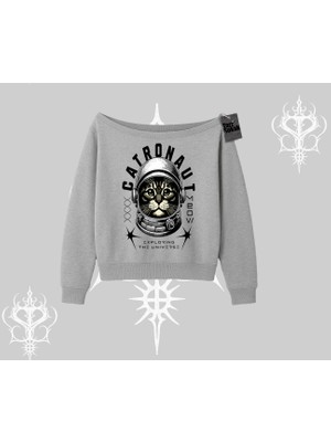 Stay Cool Kedi Baskılı Kayık Yaka Sweatshirt