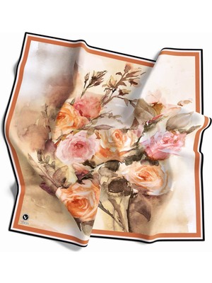 Violla Rayon Çiçek Desenli Taba Renkli 90X90 Eşarp (Ipek Içermez) Kenar Dikiş Şekli El Dikişli