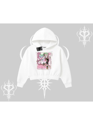 Kapşonlu Crop Sweatshirt Anime Kawaii Japon Kız Desenli