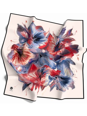 Violla Twill Çiçek Desenli Kahverengi - Indigo Renkli 90X90 Eşarp (Ipek Içermez) Kenar Dikiş Şekli El Dikiş