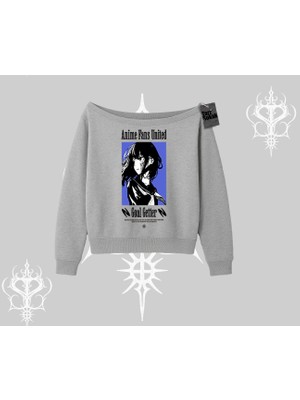 Kayık Yaka Sweatshirt Oversize Anime Kız Baskılı