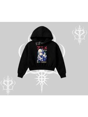 Kapşonlu Crop Sweatshirt Anime Kız Desenli Japon Tarzı