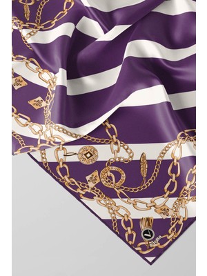 Violla Twill Çizgili Zincir Desenli Mor Renkli 90X90 Eşarp (Ipek Içermez) Kenar Dikiş Şekli El Dikişli