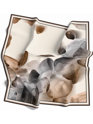 Violla Kristal Sulu Boyalı Taş Desenli Gri - Vizon Renkli 90X90 Eşarp (Ipek Içermez) Kenar Dikiş Şekli El D