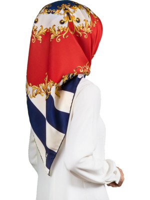 Violla Twill Çizgili Barok Desenli Lacivert - Kırmızı Renkli 90X90 Eşarp (Ipek Içermez)