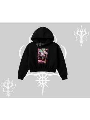 Kapşonlu Crop Sweatshirt Anime Kawaii Japon Kız Desenli