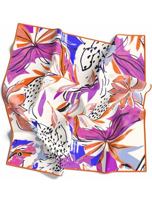 Violla Pamuksu Dokulu Suluboya Çiçek Desenli Turuncu Renkli 90X90 Soft Eşarp Kenar Dikiş Şekli El Dikişli