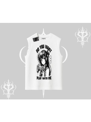 Kolsuz Tshirt Do You Want Play With Me Anime Kız Baskılı