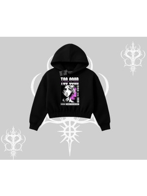 Kapşonlu Crop Sweatshirt Too Good Anime Girl Grafik Baskılı