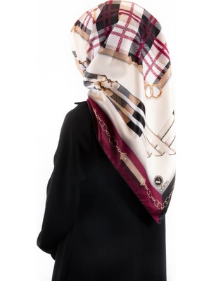 Violla Twill Ekoseli ve Zincir Desenli Mürdüm Renkli 90X90 Eşarp (Ipek Içermez) Dikim Şekli : El Dikişi