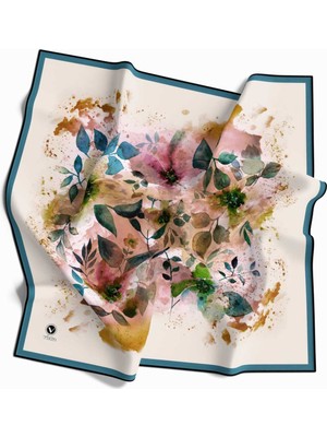 Violla Kristal Çiçek Desenli Krem - Petrol Mavisi Renkli 90X90 Eşarp (Ipek Içermez) Dikim Şekli : El Dikişi