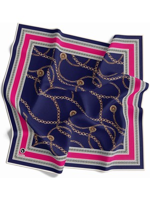 Violla Twill Zincir Desenli Lacivert Renkli 90X90 Eşarp (Ipek Içermez) Kenar Dikiş Şekli El Dikişli