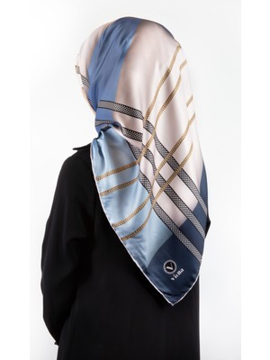 Violla Twill Geometrik Desenli Bebe Mavisi Renkli 90X90 Eşarp (Ipek Içermez) Kenar Dikiş Şekli El Dikişli