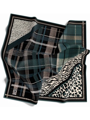 Violla Kristal Ekose ve Leopar Desenli Petrol Mavisi Renkli 90X90 Eşarp (Ipek Içermez) Kenar Dikiş Şekli El