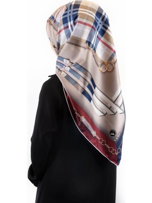 Violla Twill Ekoseli ve Zincir Desenli Bordo - Lacivert Renkli 90X90 Eşarp (Ipek Içermez) Dikim Şekli : El