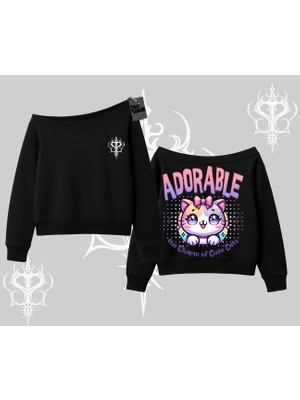 Adorable Kawaii Kedi Arka Baskılı Kayık Yaka Sweatshirt