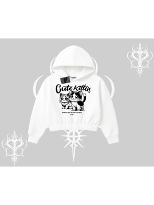 Cute Kitten Yazılı Sevimli Kedi Baskılı Kapşonlu Crop Sweatshirt