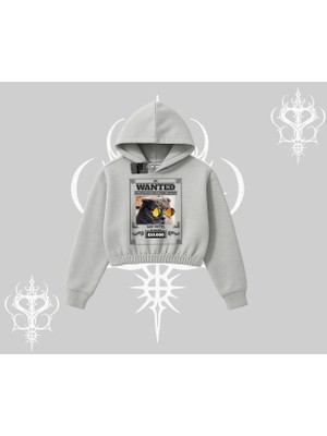 Wanted Temalı Kedi Baskılı Kapşonlu Crop Sweatshirt