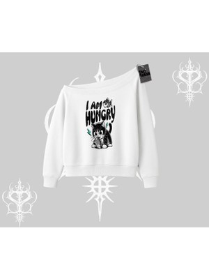 Am Hungry Kedi Baskılı Kayık Yaka Sweatshirt