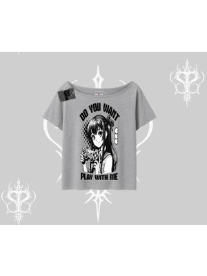 Kayık Yaka Tshirt Do You Want Play With Me Anime Kız Baskılı